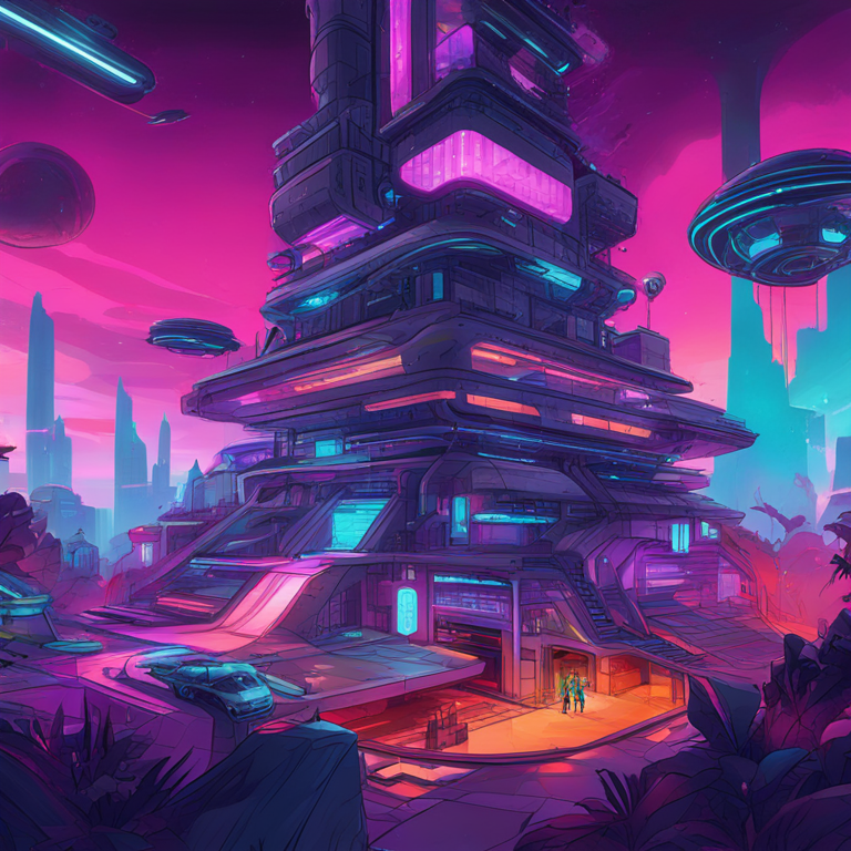 hand-drawn digital illustration of a futuristic gaming ecosystem with vibrant colors, artstation HQ, digital art