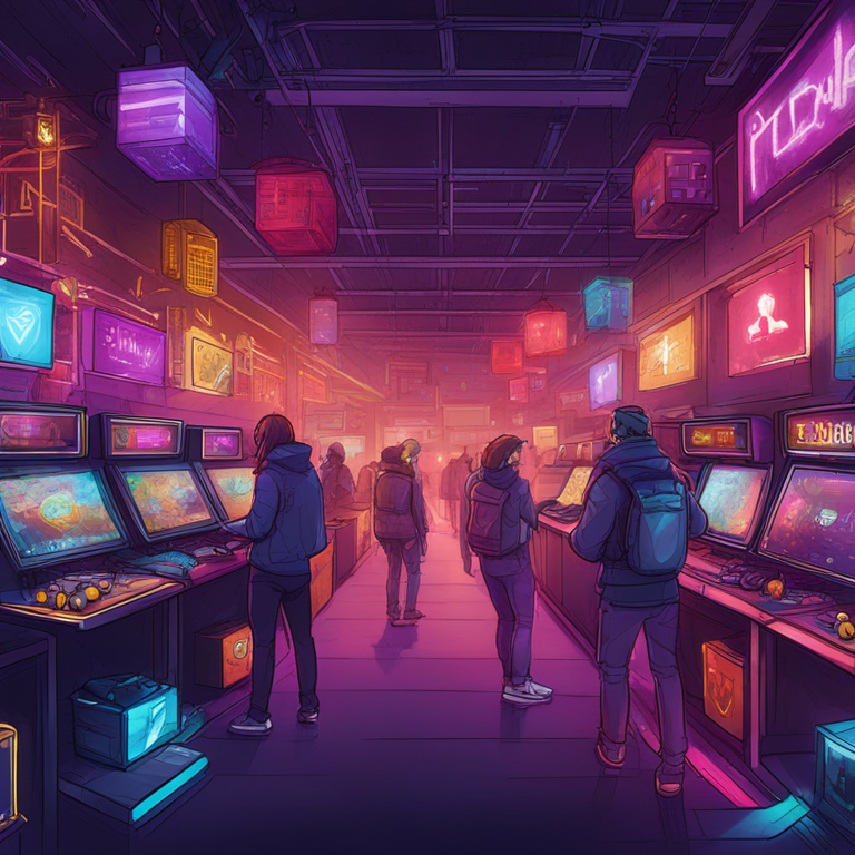 hand-drawn digital illustration of blockchain-driven gaming marketplace, detailed and vibrant, artstation HQ, digital art