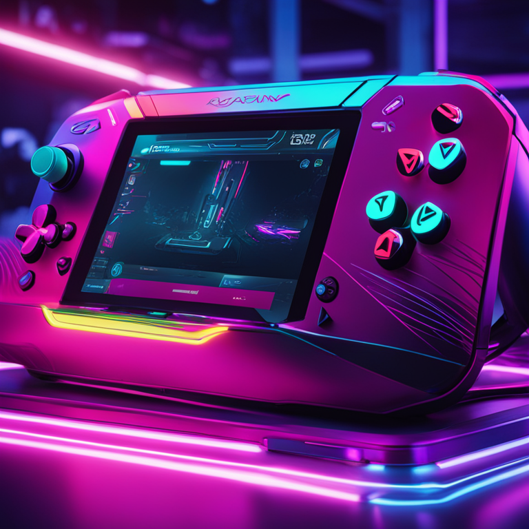 hand-drawn digital illustration, Artstation HQ, digital art, futuristic gaming console, neon lights, sleek design, high-tech graphics, vibrant colors, immersive experience, modern gaming interface, vivid light reflection