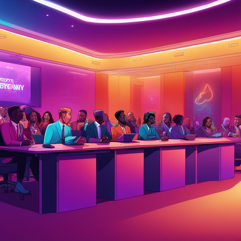 Illustration of diverse assembly members debating cryptocurrency, Artstation HQ, vibrant colors, modern digital art