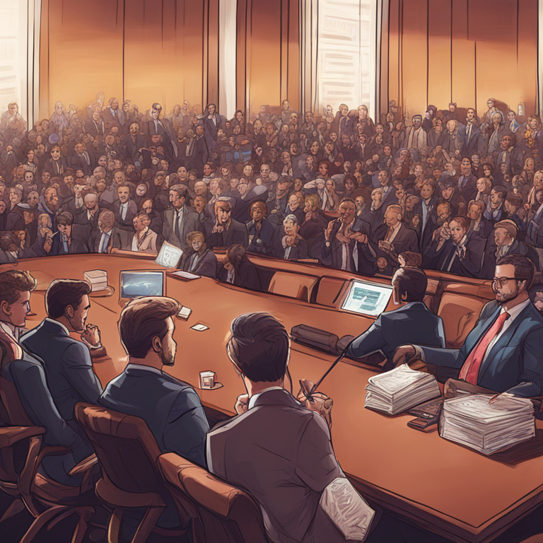 hand-drawn digital illustration of a bustling Congress discussing cryptocurrency regulation, Artstation HQ, digital art