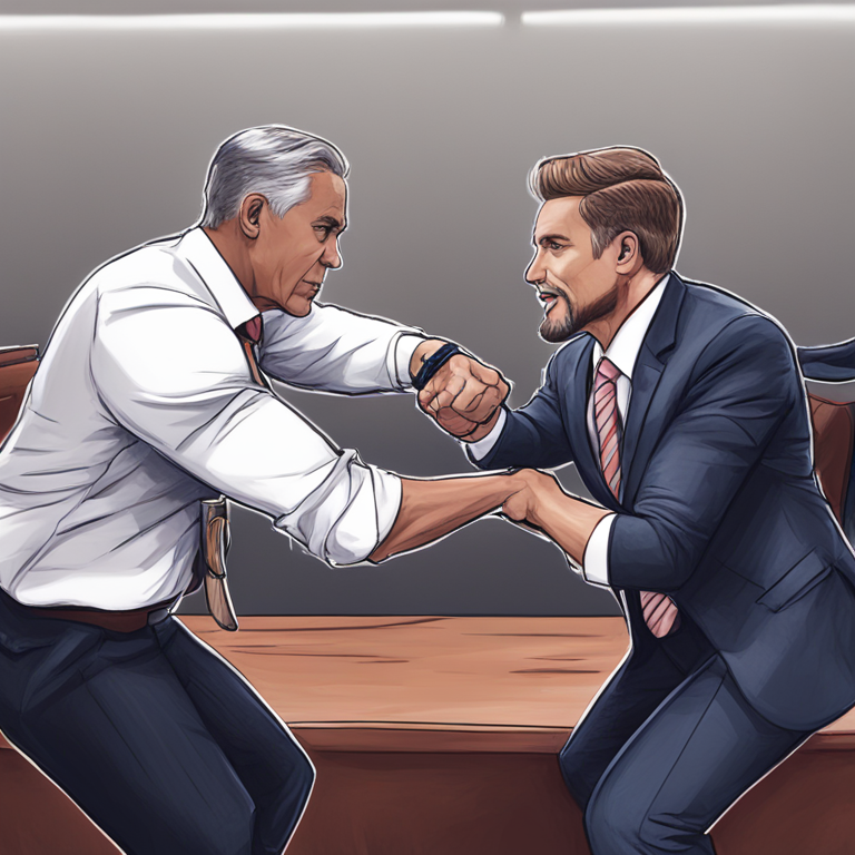 Hand-drawn digital illustration of a tug-of-war between Congress and SEC over crypto regulations, Artstation HQ, digital art