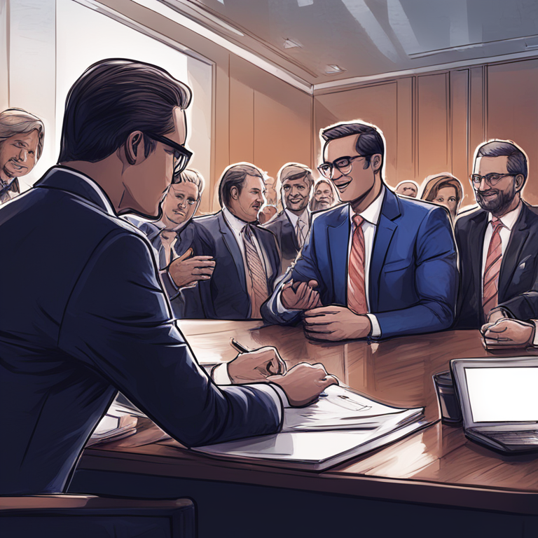 Hand-drawn digital illustration of Congress members discussing cryptocurrency legislation, Artstation HQ, digital art