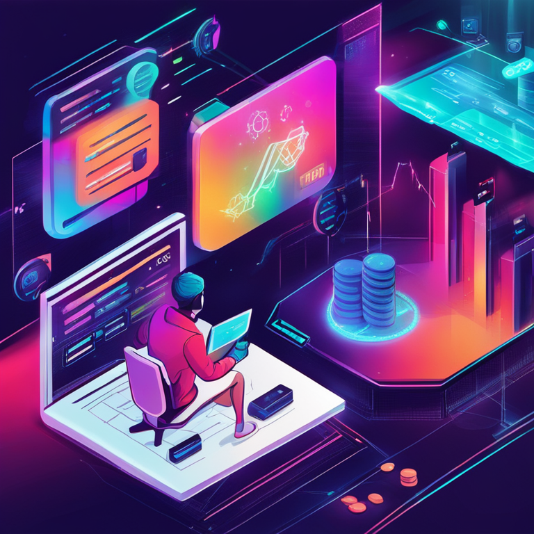 hand-drawn digital illustration of futuristic financial transactions, Artstation HQ, digital art, modern and innovative, high-tech theme, vibrant colors, blockchain elements, digital wallets exchanging tokens, floating design