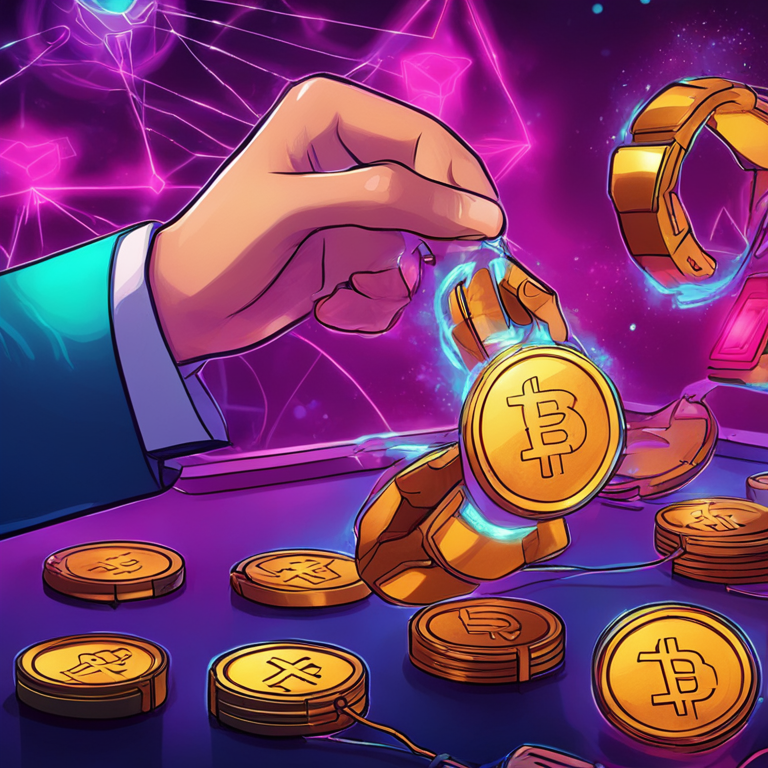 Hand-drawn digital illustration of digital tokens being exchanged, depicting blockchain magic, Artstation HQ, detailed, futuristic, vibrant colors, digital art