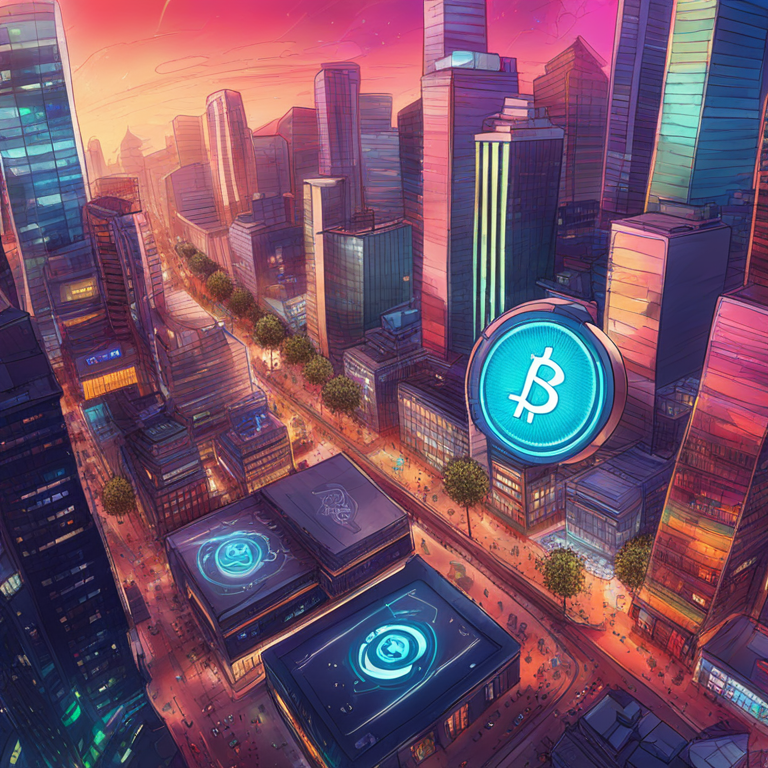 Hand-drawn digital illustration of financial tokens transforming into digital assets in a vibrant and techy cityscape, Artstation HQ, detailed, trendy, modern, digital art