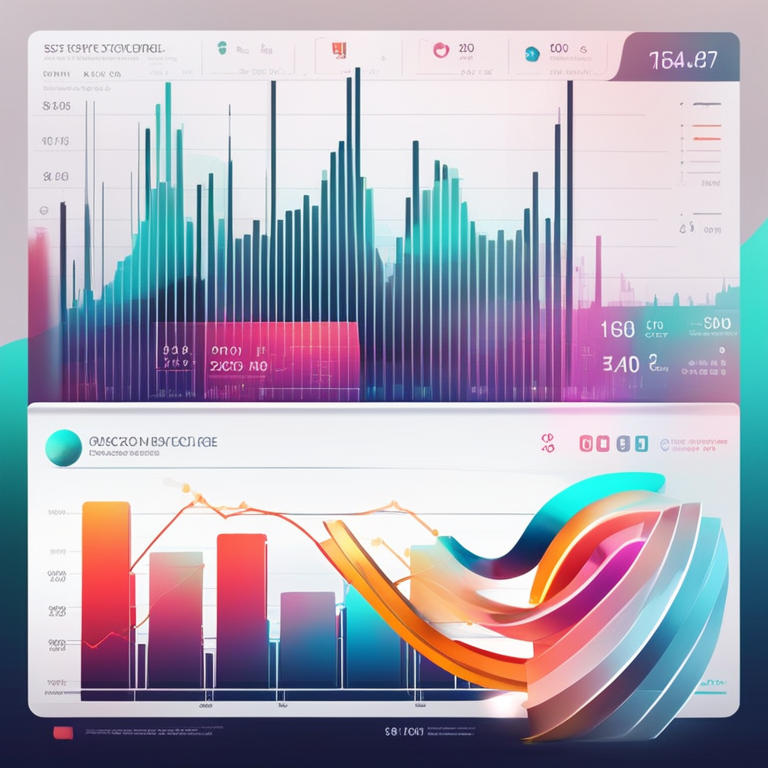 Digital illustration of various economic indicators, showing graphs with fluctuating lines, futuristic style, glossy finish, vibrant colors, and detailed elements on a modern platform, trending on Artstation