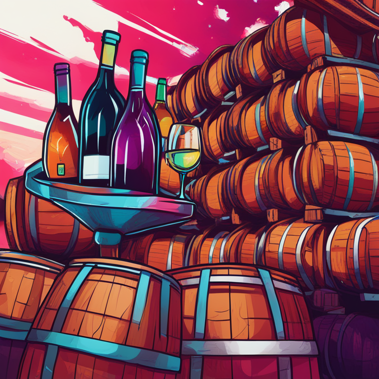 hand-drawn digital illustration of NFTs and wine barrels merging in a colorful and vibrant poster, Artstation HQ, digital art, modern and trendy design, conceptual blending of luxury and blockchain technology