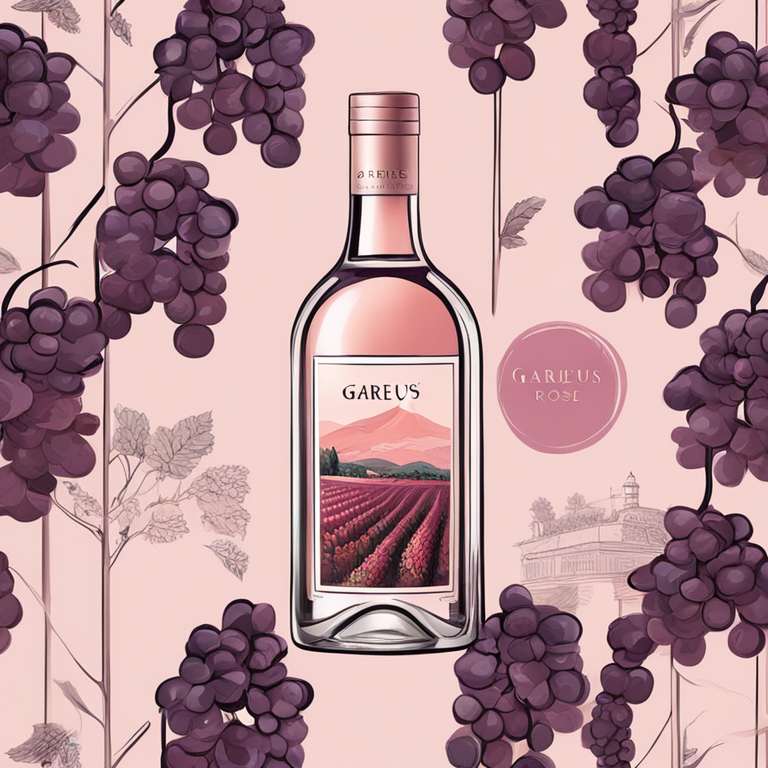 Hand-drawn digital illustration of Gareus Rosé bottle, luxurious and modern, featuring vibrant vineyard scenery, digital art, trending on Artstation, detailed and stylish, light and fresh color palette