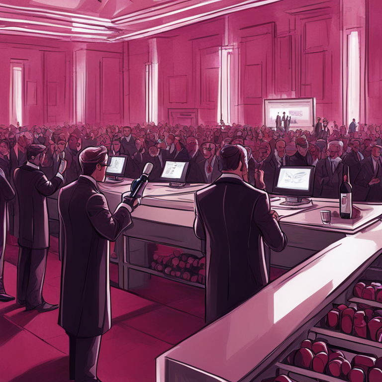 Hand-drawn digital illustration of a sophisticated wine auction with futuristic elements, Artstation HQ, digital art