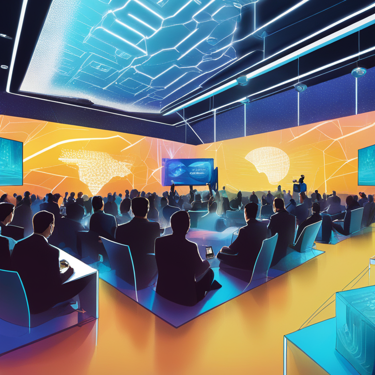 Digital illustration of Ripple's Brazil Fund launch event, high-tech conference setup, speakers discussing innovation, vibrant background highlighting futuristic tech and blockchain connectivity