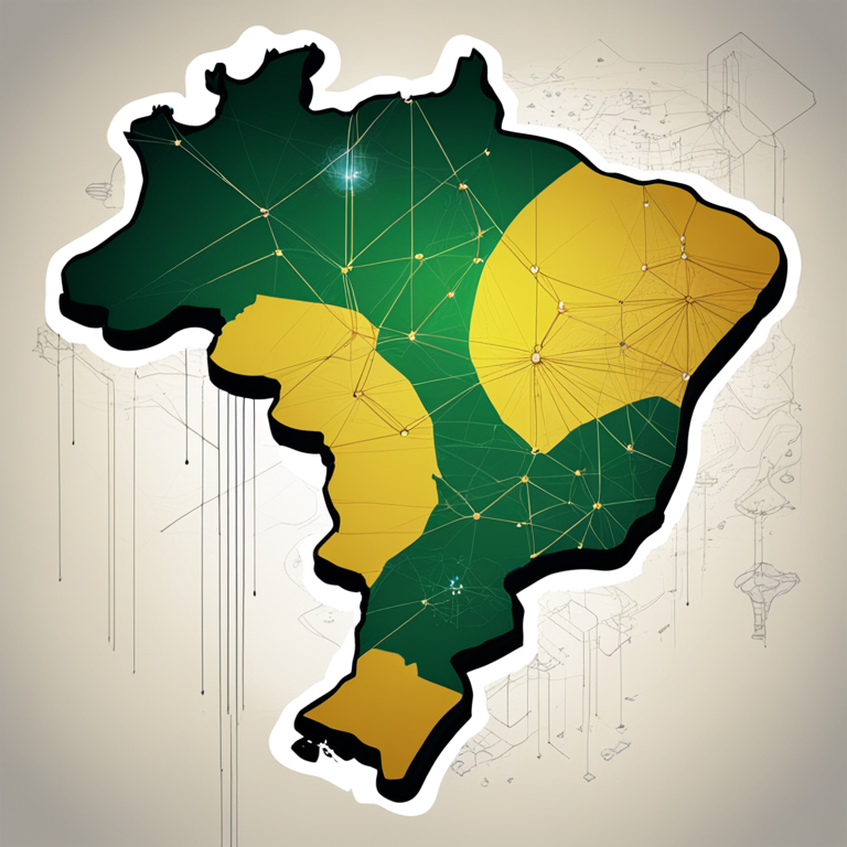 Hand-drawn digital illustration, Artstation HQ, digital art. Illustration of Brazil with digital nodes and connections symbolizing technology and innovation.