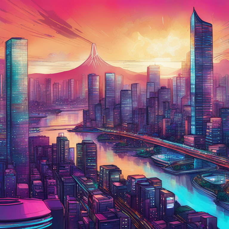 Ripple's vibrant digital innovation fund in Brazil, hand-drawn digital illustration, Artstation HQ, futuristic city skyline, tech ecosystem, digital art