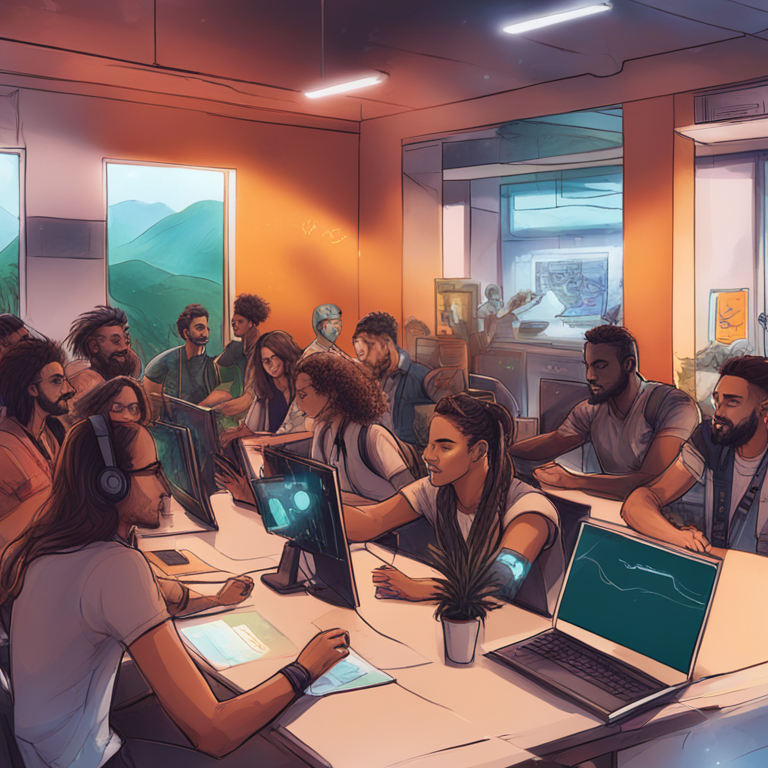 Community-driven tech innovation in Brazil, hand-drawn digital illustration, Artstation HQ, collaboration, mentorship, tech ecosystem, digital art