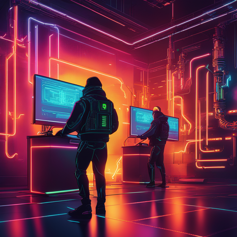 Digital illustration of a blockchain security breach, futuristic design, neon and dark color palette, high detail, Artstation HQ, digital art