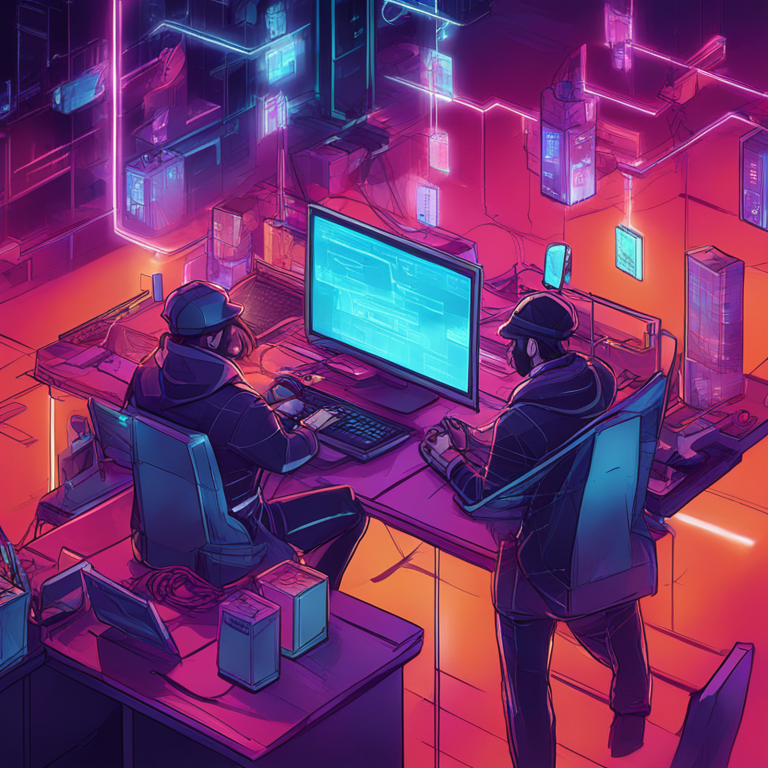 hand-drawn digital illustration, Artstation HQ, digital art, representation of blockchain breach on ALEXLab, vibrant visuals, digital hacking, abstract tech details, realistic, cyber defense theme, intense lighting, trending on Artstation