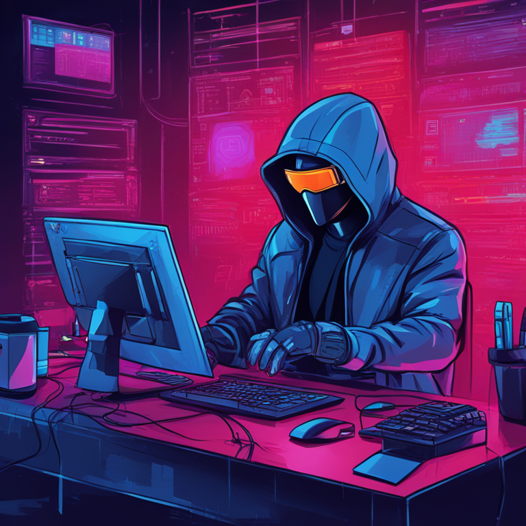 Hand-drawn digital illustration of various cybercrime elements, digital art, Artstation HQ, futuristic, abstract background, showcasing hacker activity, high-tech, vibrant colors, modern, trending style