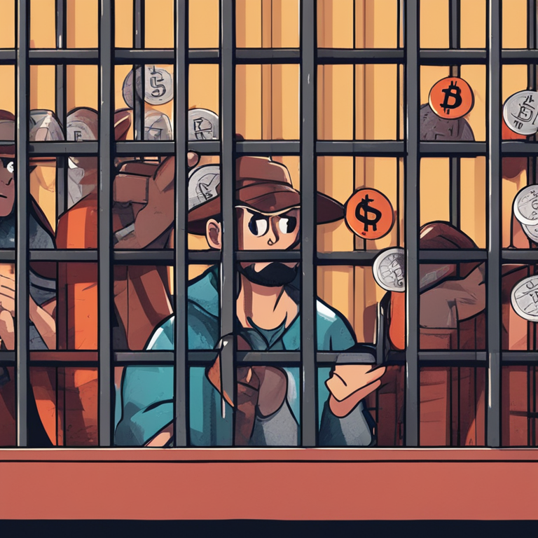 hand-drawn digital illustration of worried developers behind bars with digital currency icons, Artstation HQ, digital art