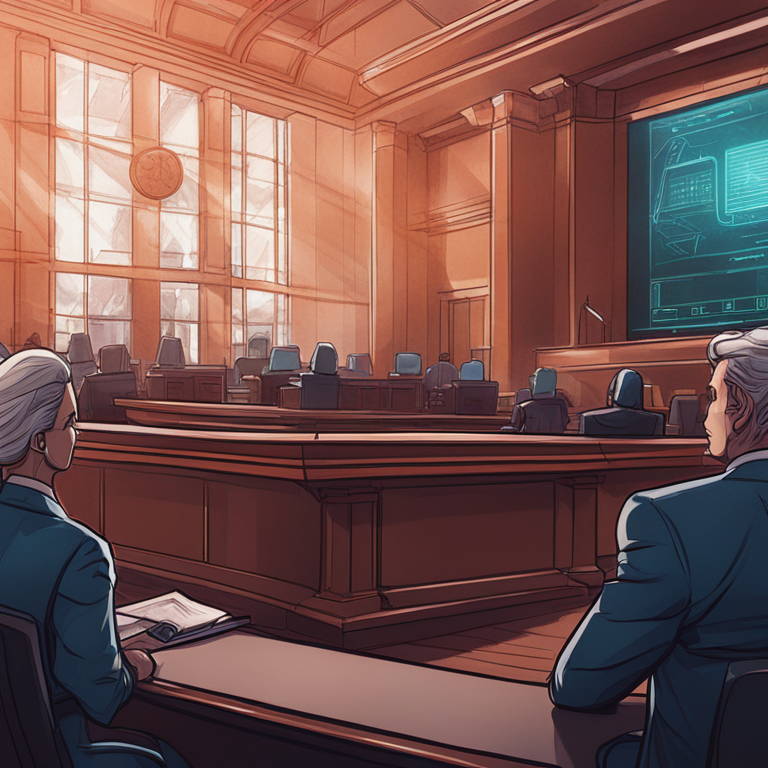 Hand-drawn digital illustration of a futuristic courtroom scene, showcasing complex legal structures and looming government buildings, Artstation HQ, digital art