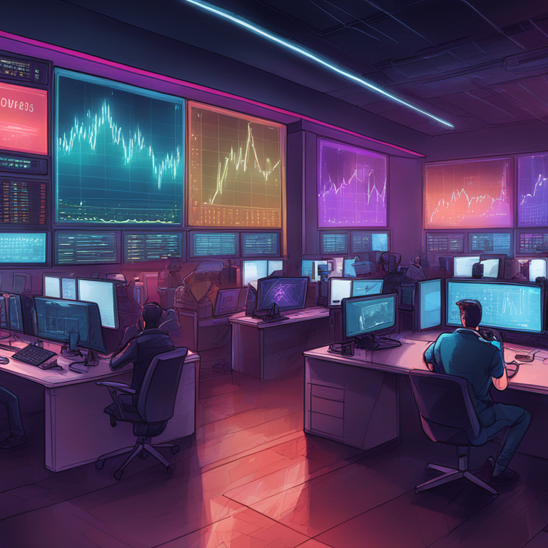 Hand-drawn digital illustration of Ethereum options traders analyzing market charts, futuristic digital art, Artstation HQ, modern style, dense trader activity, vibrant colors, dynamic scene, moody lighting, detailed financial icons, high-tech trading floor