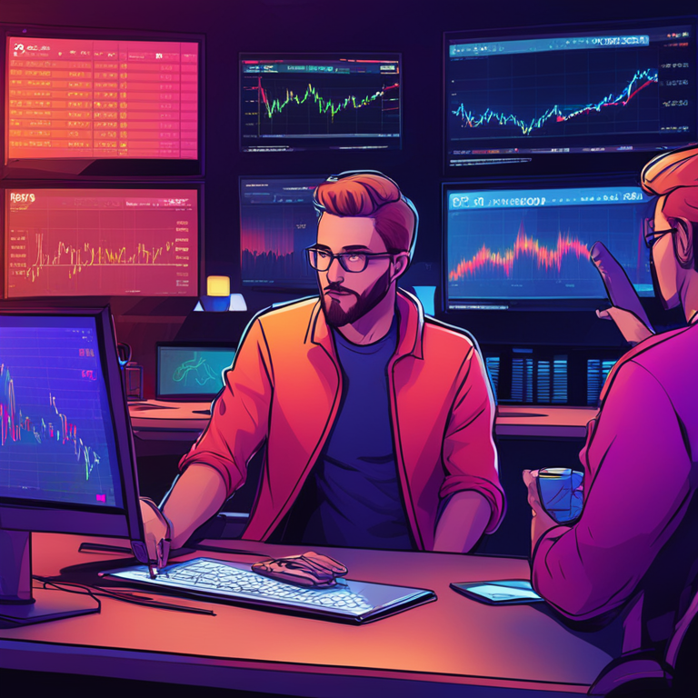 hand-drawn digital illustration, Artstation HQ, digital art of anxious traders studying Ethereum price charts, trending on Artstation, vibrant colors, modern style, high attention to detail, financial trading screens in background, soft lighting