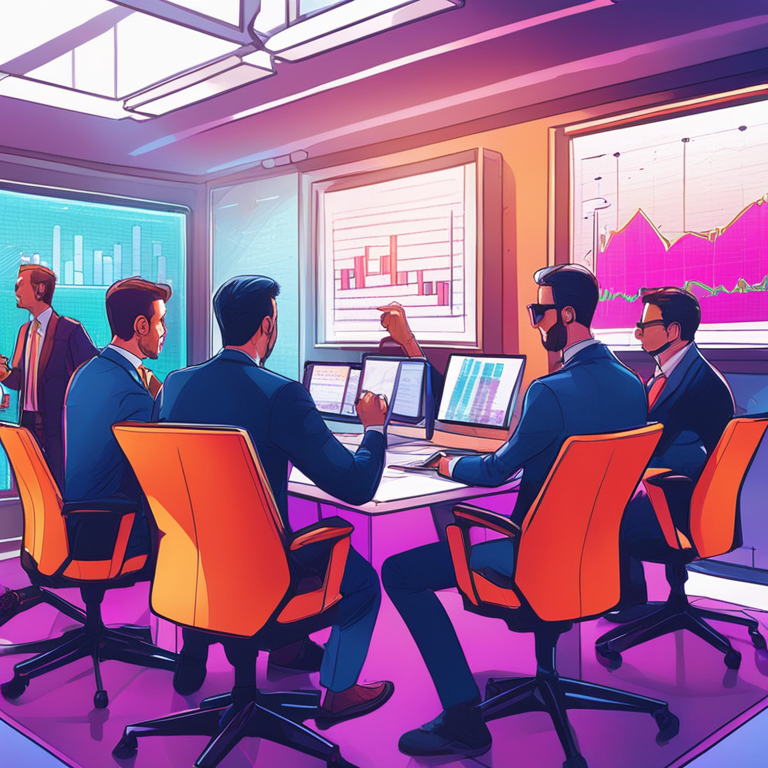 hand-drawn digital illustration, Artstation HQ, digital art of financial analysts discussing market trends in a modern office, vibrant colors, detailed expressions, Ethereum symbols in background, dynamic interaction, soft lighting