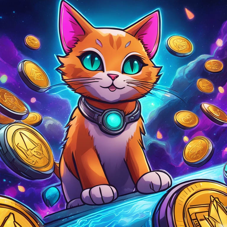 hand-drawn digital illustration, digital art, vibrant currency tokens featuring a cat motif, futuristic setting, Artstation HQ, trending on Artstation, highly detailed and colorful