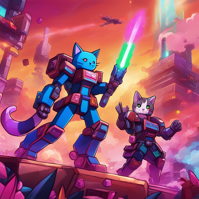 Illustration showcasing the Nyan Heroes NYAN token and cat-themed mechs in a fun, vibrant setting with dynamic colors and details, digital artwork