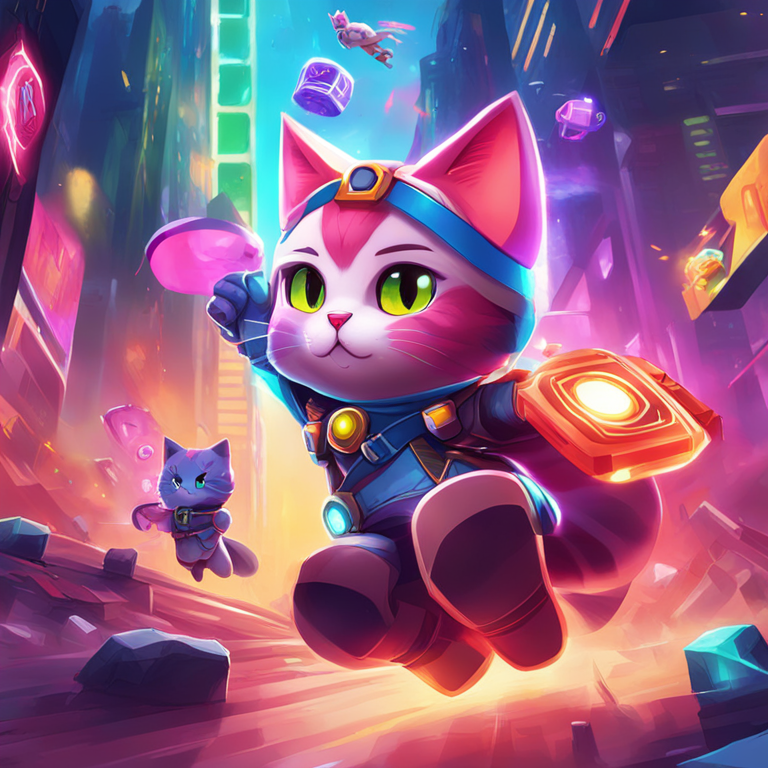 A vibrant digital illustration showcasing the Nyan Heroes game features with colorful, futuristic cat-themed characters and mechanics in a dynamic action scene, hand-drawn digital illustration, Artstation HQ, digital art