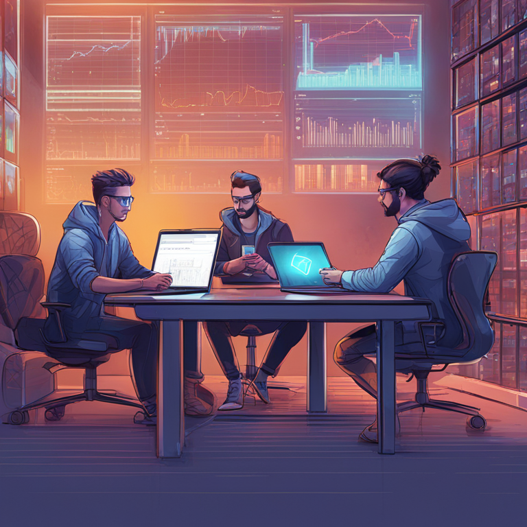 Conceptual digital illustration of developers working with real-time data feeds on the Xion blockchain, hand-drawn digital illustration, Artstation HQ