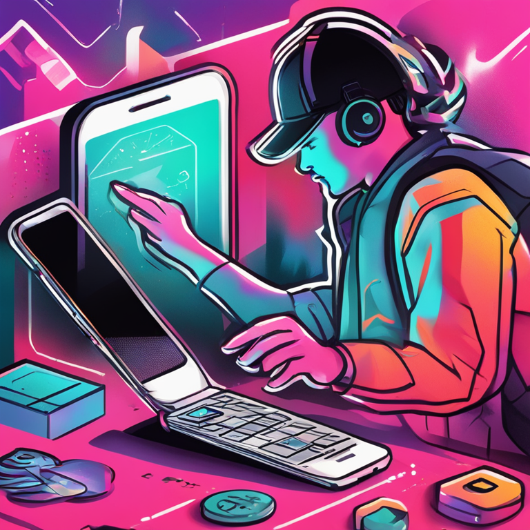 a dynamic hand-drawn digital illustration of a user engaging with a cutting-edge mobile app to transfer funds, Artstation HQ, digital art, modern tech interface, abstract vibrant colors