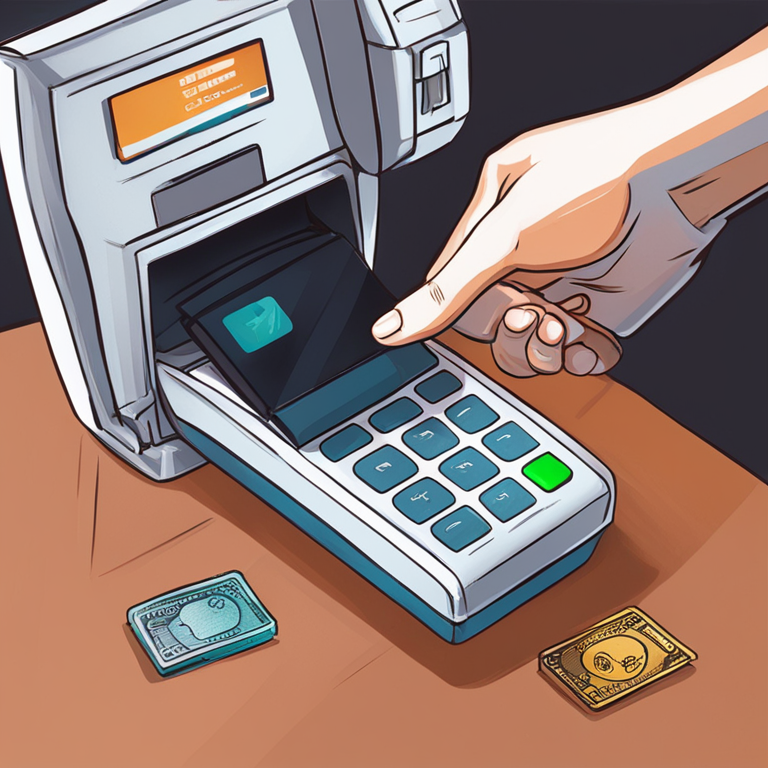 Illustration of a person instantly transferring funds via a debit card into a crypto wallet, hand-drawn digital illustration, Artstation HQ, digital art