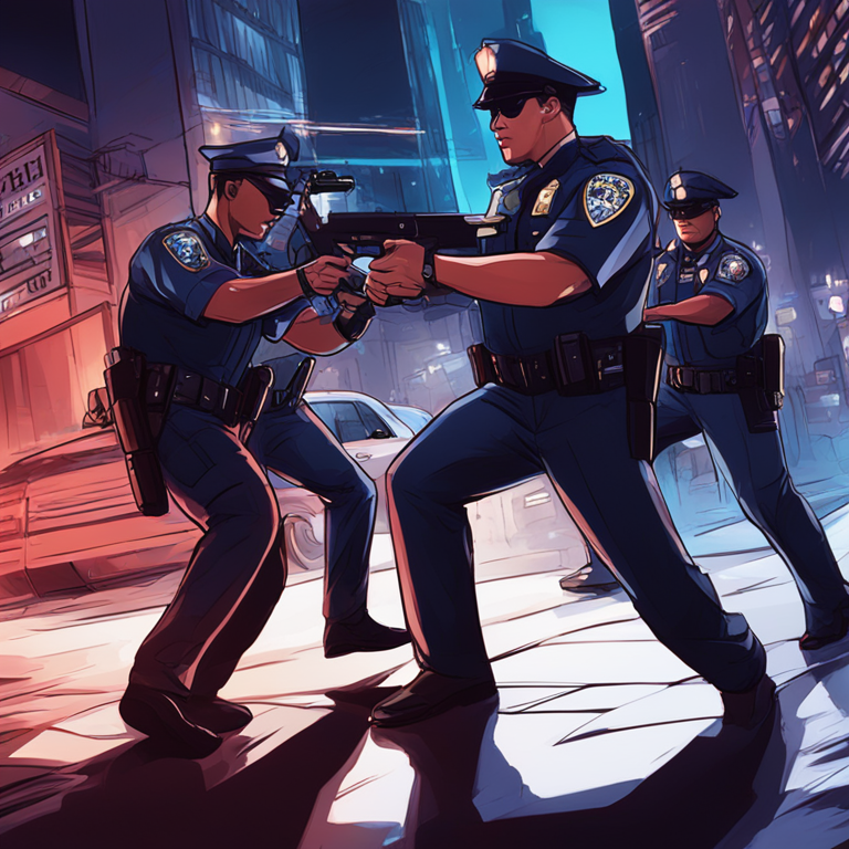 hand-drawn digital illustration, Artstation HQ, digital art, depicting law enforcement agents making an arrest, digital cityscape, modern style, detailed and vibrant, dramatic lighting