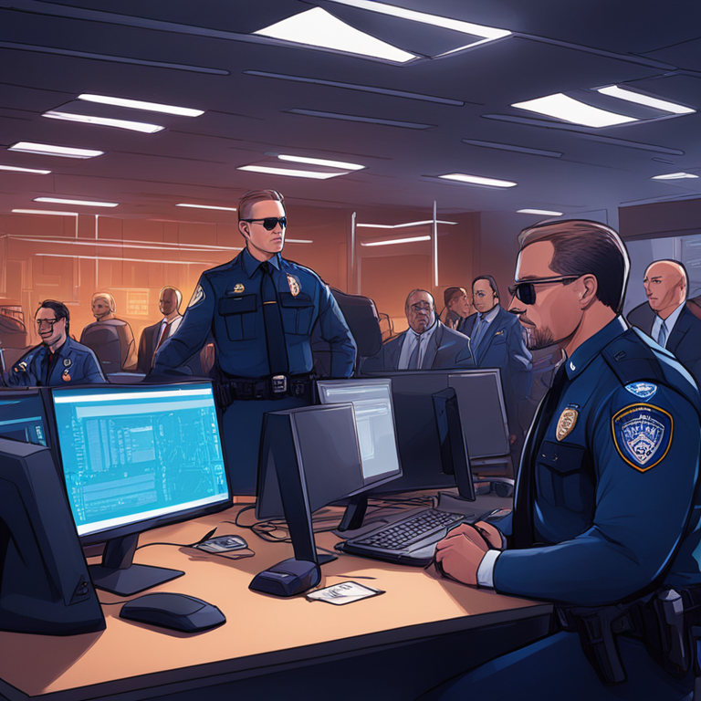 Hand-drawn digital illustration of law enforcement officials and cybersecurity experts, Artstation HQ, digital art, detailed and vibrant, serious atmosphere