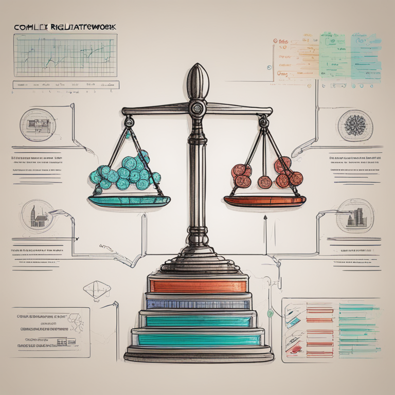 Complex regulatory framework diagram with legal scales, blockchain, and financial charts, hand-drawn digital illustration, Artstation HQ, digital art