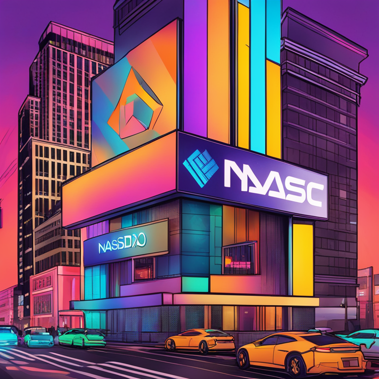 Illustration of Nasdaq's crypto ambitions transitioning to tokenized T-bills, digital art, Artstation HQ, vibrant colors, modern finance shift