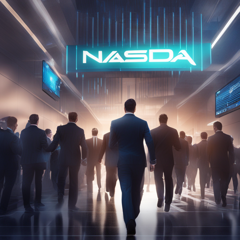 Conceptual image of Nasdaq staff members exiting due to delays, digital illustration, Artstation HQ, modern corporate environment, uncertainty theme