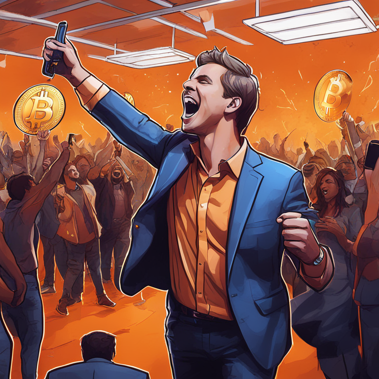 Artistic digital illustration of Michael Saylor celebrating Bitcoin price surge, Artstation HQ, digital art