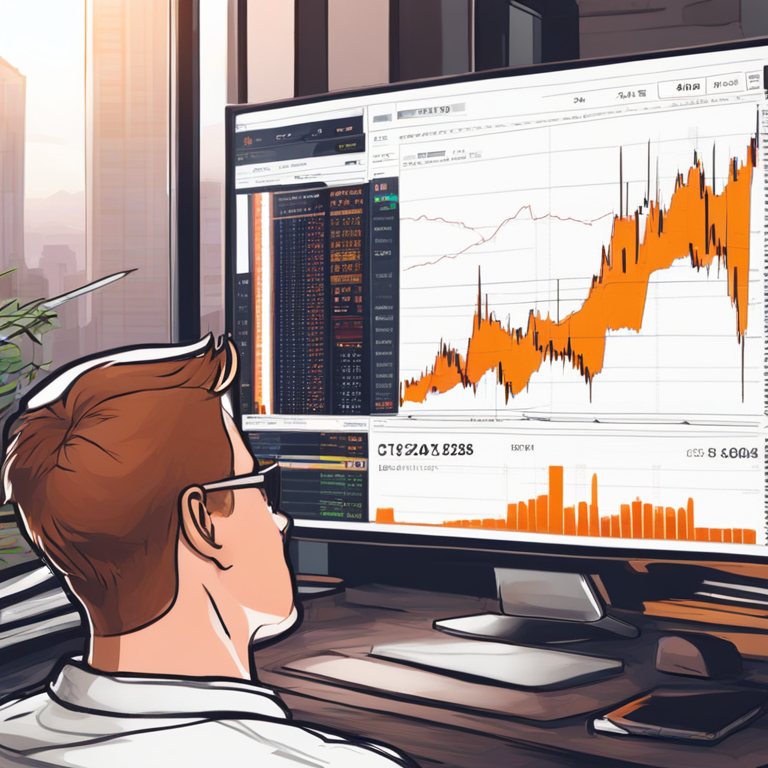 hand-drawn digital illustration, Artstation HQ, Bitcoin trading analysis with rising charts, digital art