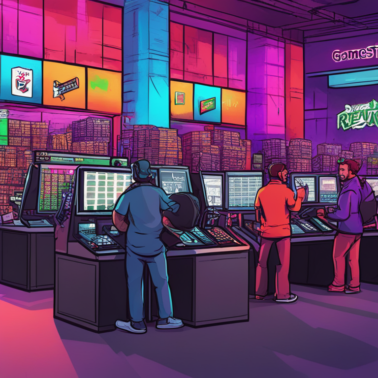 A hand-drawn digital illustration capturing the revival of the GameStop stock market frenzy, trending on Artstation, vibrant colors, meme-inspired symbols, digital art