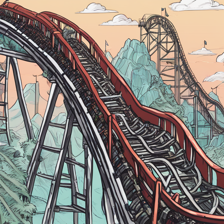 Hand-drawn digital illustration of a roller coaster with stock charts, Artstation HQ, digital art, depicting the volatility of meme stocks like GameStop