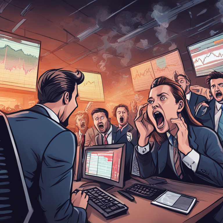 Hand-drawn digital illustration of shocked businesspeople looking at crashing stock prices on monitors, Artstation HQ, digital art, emphasizing the dramatic market reactions to stock fluctuations