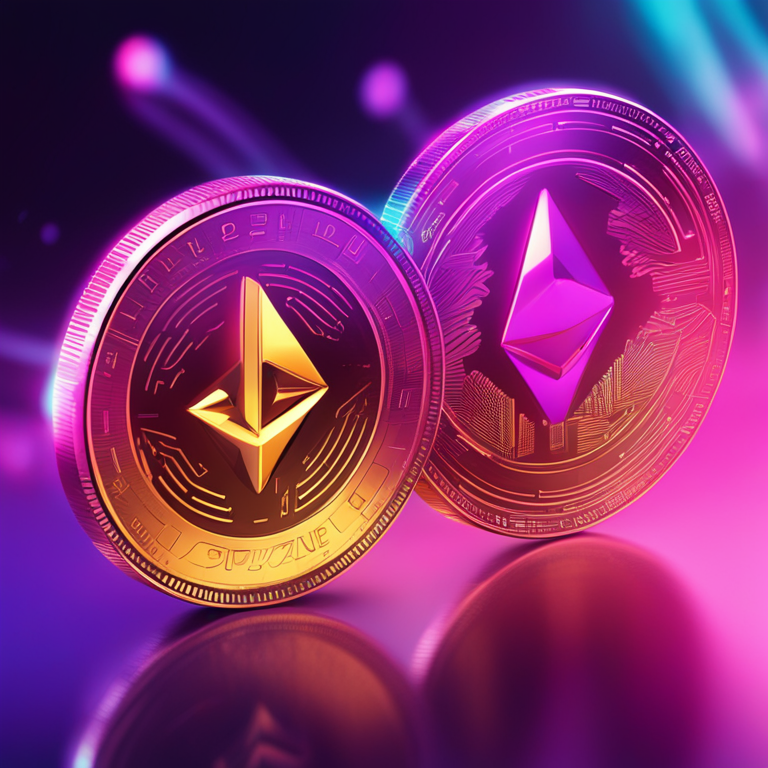 Digital illustration of two rising cryptocurrencies represented as futuristic coins, trending on Artstation, bright and vibrant, digital art