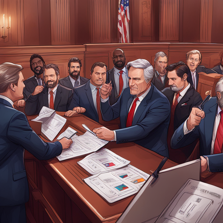 Digital illustration of senators voting, hand-drawn style, lively colors, intense expressions, Artstation HQ, high-detail courtroom scene