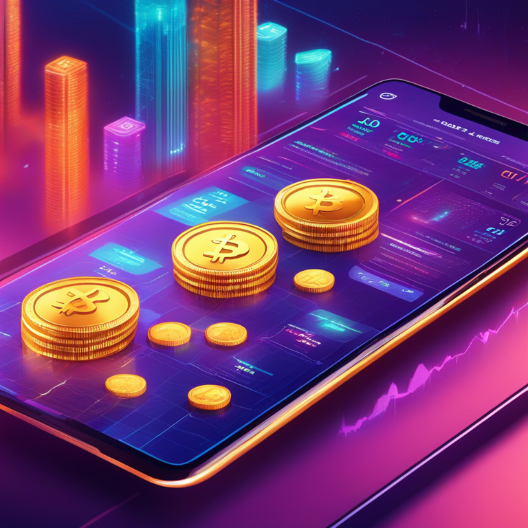 illustration of a digital currency marketplace with diverse coins and stats, vibrant colors, high detail, with a futuristic financial hub environment, trending on Artstation