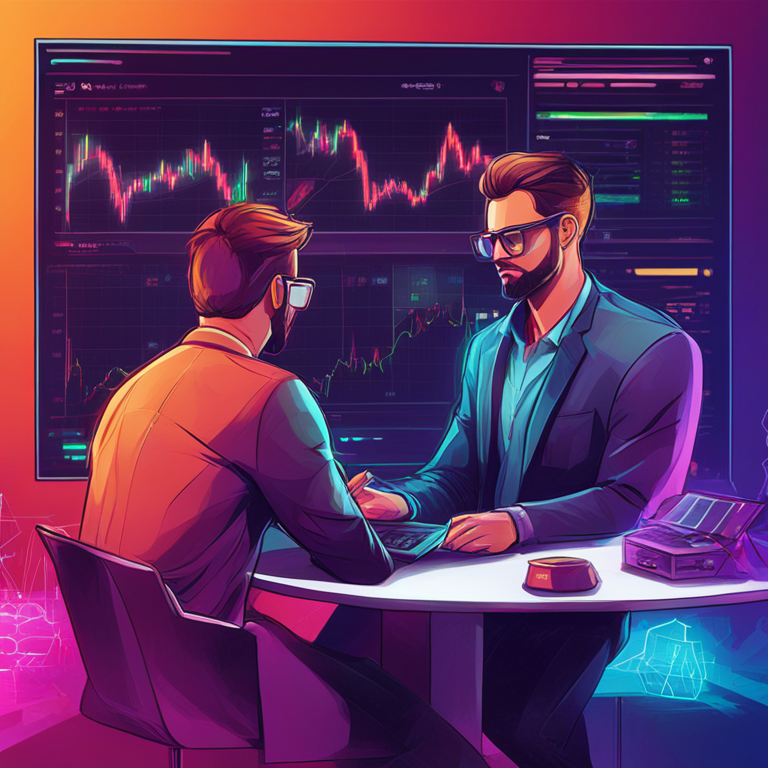 hand-drawn digital illustration, Artstation HQ, digital art of market makers analyzing Bitcoin and Altcoin portfolios with complex charts and graphs, futuristic, vibrant colors, financial technology background, digital assets management, trending on Artstation, detailed and modern style