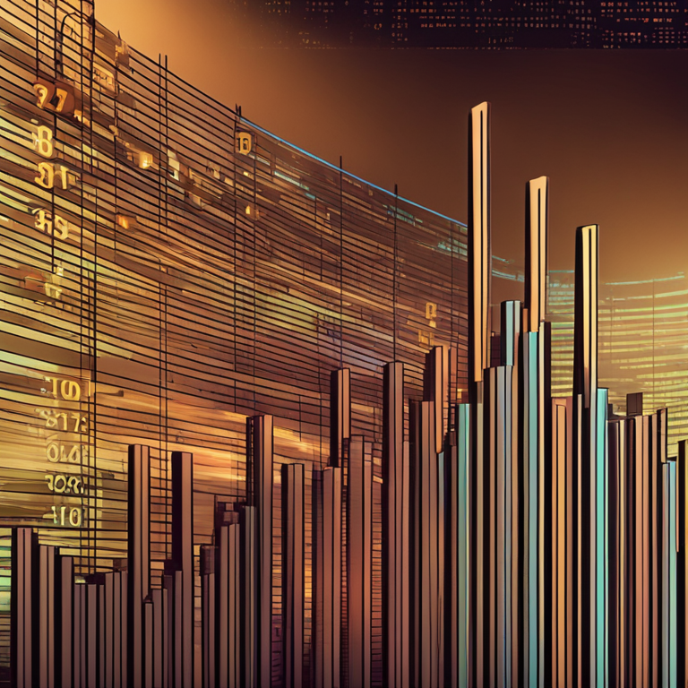 Abstract and digitally artistic representation of the rapid growth and rising stock market performance, featuring bar charts and Bitcoin symbols, Artstation HQ, digital art