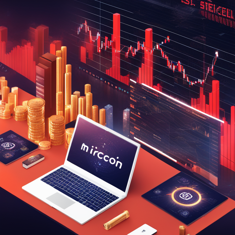 A digital illustration depicting the rise of MicroStrategy, featuring Bitcoin symbols, stock market graphs, and engaging digital art elements, inspired by trendsetting magazine designs, Artstation HQ