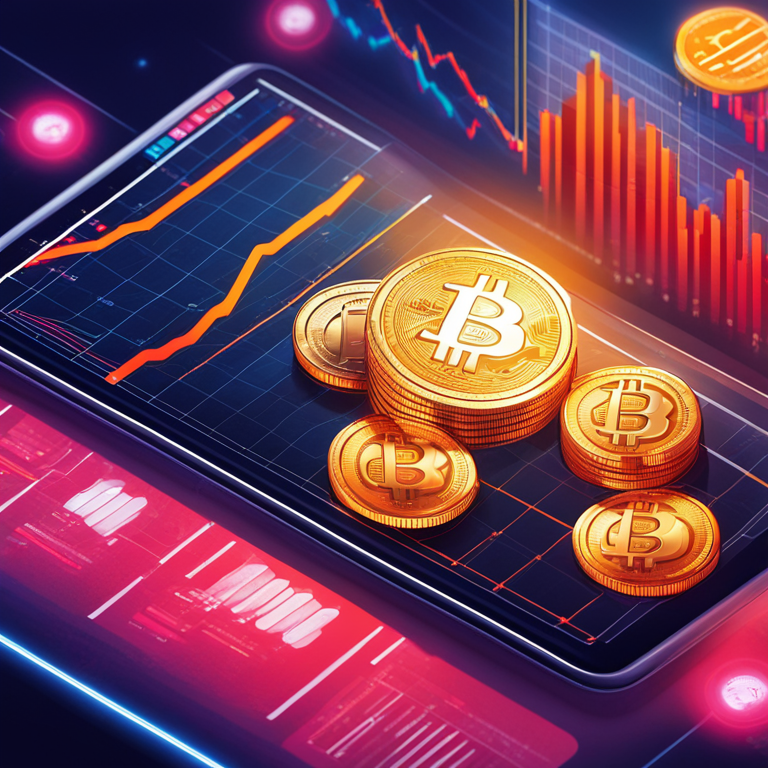 A vibrant digital illustration capturing the essence of MicroStrategy's stock market surge, with Bitcoin symbols, upward-trending stock graphs, and a high-energy magazine layout style, Artstation HQ