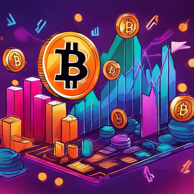 Hand-drawn digital illustration of the economic talk by Neel Kashkari, depicting charts, graphs, and Bitcoin symbols, colorful and abstract, Artstation HQ, vibrant style